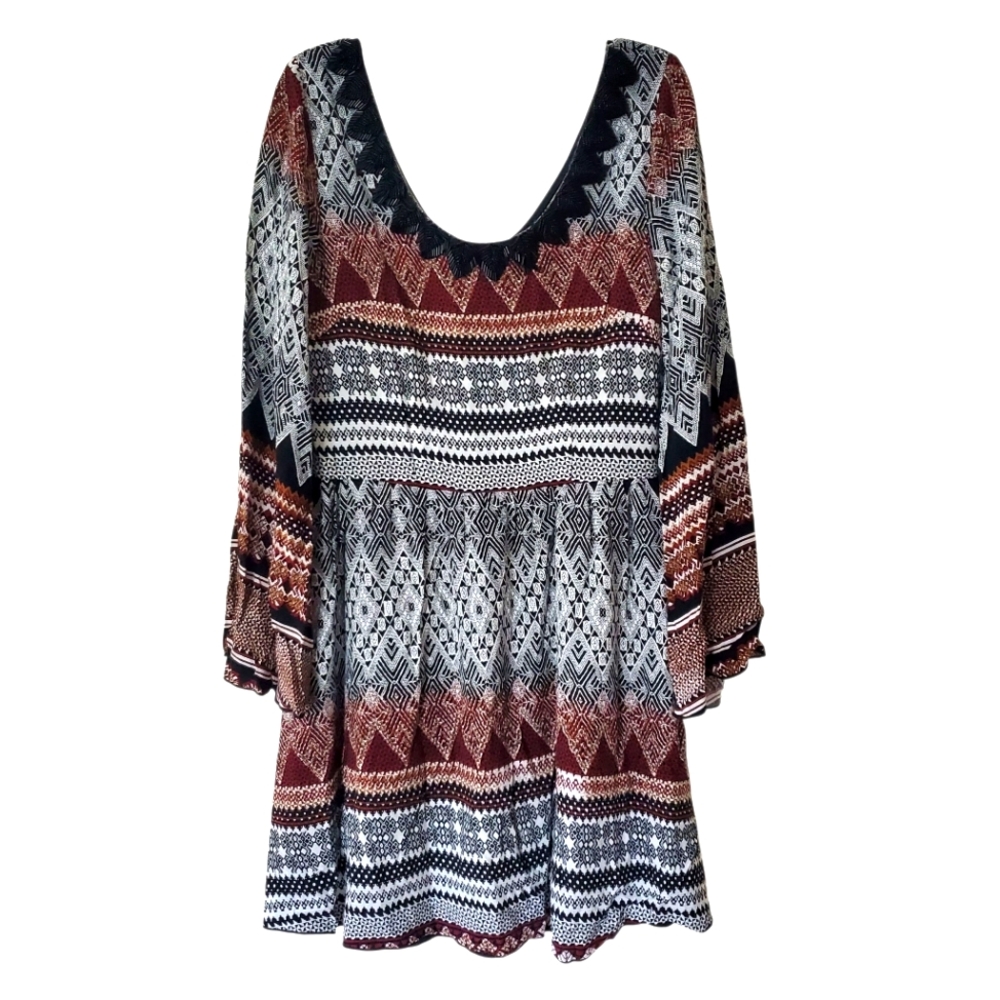 Alya Sheath Dress Women's SMALL Multi Boho Aztec Bell Sleeve Beaded‎ Scoop Neck